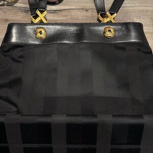 Ferragamo Vintage Black Striped Canvas & Leather Shoulder Tote